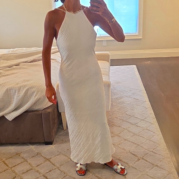 Zara Dresses & Skirts - WOMEN'S ZARA WHITE CRINKLED HALTER MAXI SUN DRESS BEJEWELED HALTER SZ XS $90